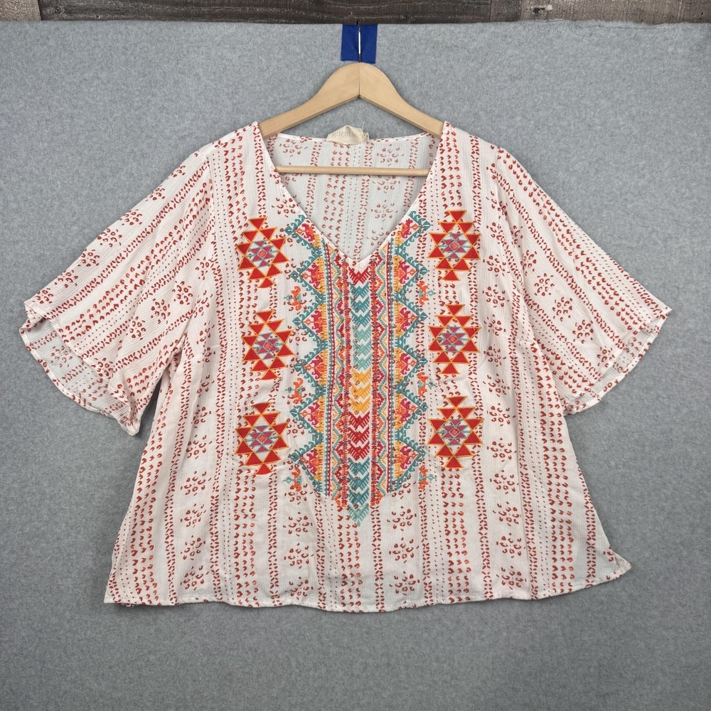 Savanna Jane Blouse Womens 2X Multicolor‎ Embroidered V Neck Tunic Boho Artsy